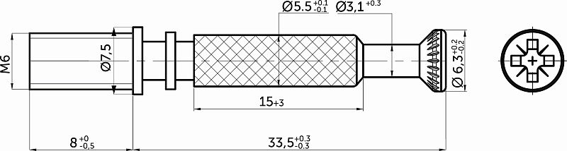 Шток эксцентрика с метрической резьбой 7*34/M6*8 цельнометаллический, уп/ 100 шт, AKS 124174