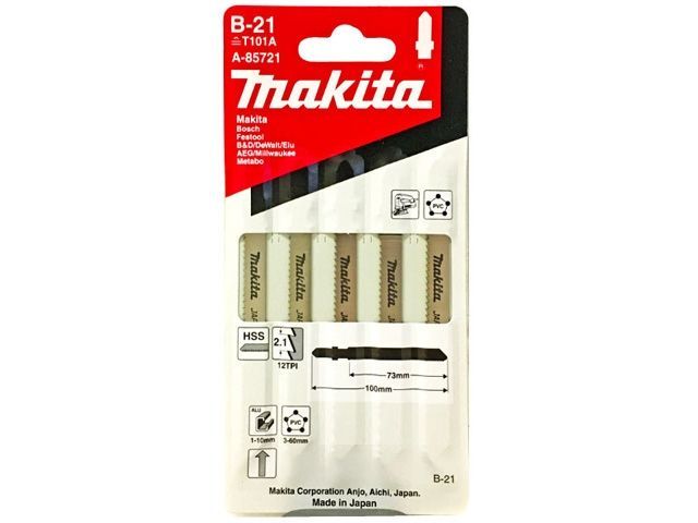 Пилка для лобзика по пластику B-21, 5 шт., пропил прямой, тонкий, быстрый рез Makita A-85721