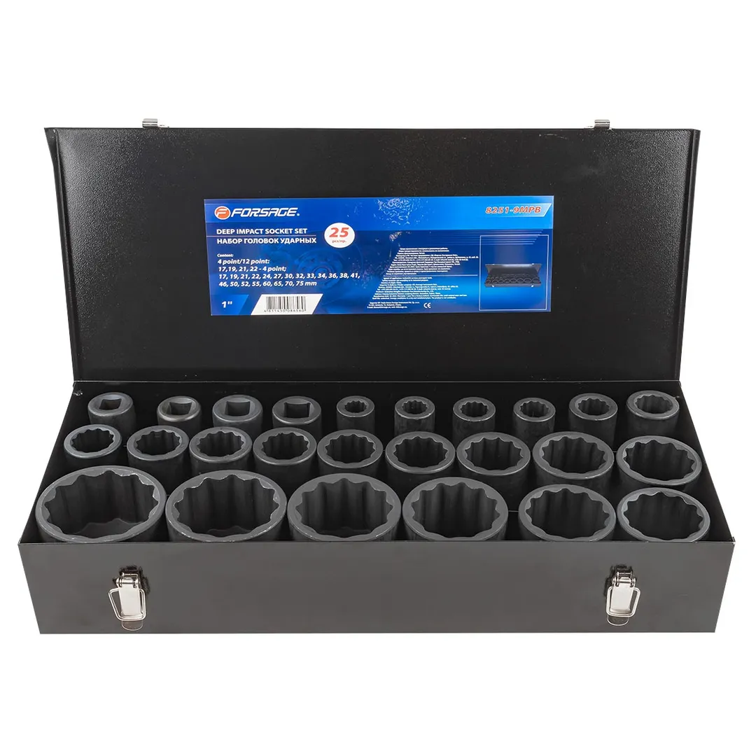 Набор головок ударных глубоких 1" 25 пр., 17-22 мм - 4-гр., 17-75 мм - 12-гр. Forsage F-8251-9MPB