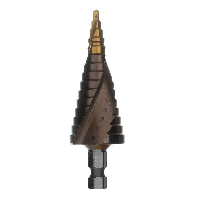 Сверло ступенчатое, 4-6-8-10-12-14-16-18-20-22-24-26-28-30-32 мм, Р6М5К5, 6-гр. хвостовик Denzel 723616
