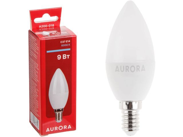 Лампа светодиодная C37 Свеча 9Вт 230В E14 6000K AURORA A200-018