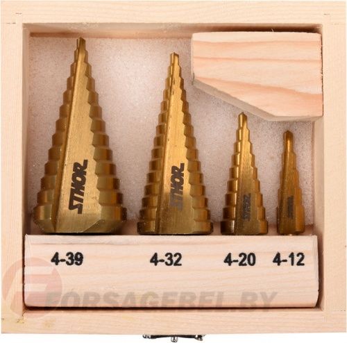 Набор ступенчатых сверл по металлу 4 пр. 4-12, 4-20, 4-32, 4-39 мм Sthor 22617