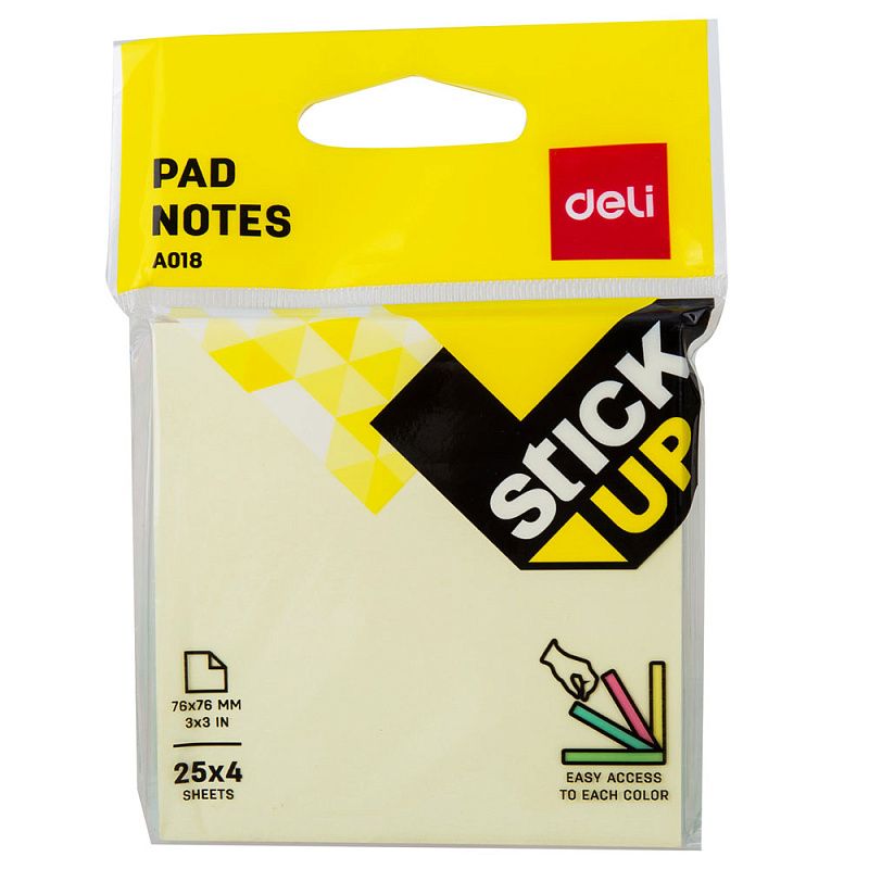 Бумага для заметок на клейкой основе "Deli", 76x76 мм, 100 листов, ассорти