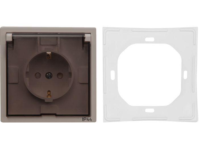 Розетка 1-ая с з/к крышкой прозрачн (скрытая, с/з, з/ш, брызг. защ.) песочная, Carre, Bylectrica РС16-0636 песочн