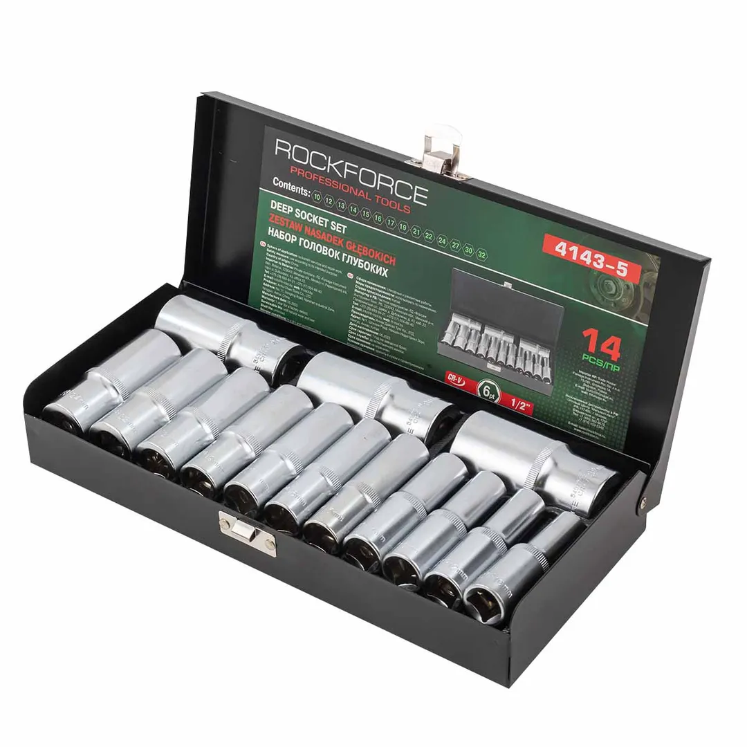 Набор головок глубоких 14 пр. 1/2'' 6-гр. 10-32 мм RockForce RF-4143-5 Black