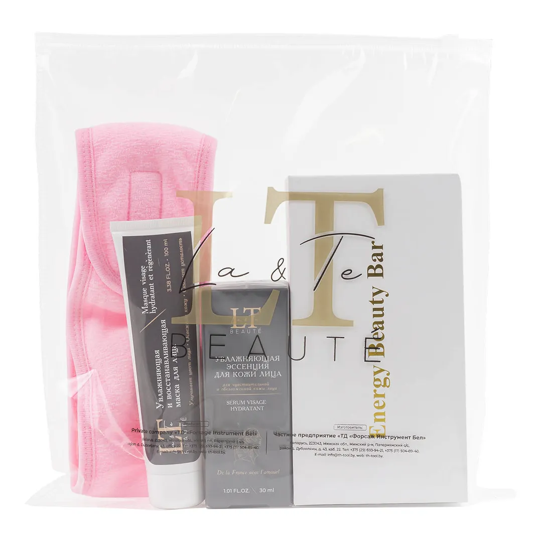 Набор, массажер роликовый Gold, повязка на голову на липучке, маска для лица 1886, эссенция для лица 1848 La and Te beaute LT-29