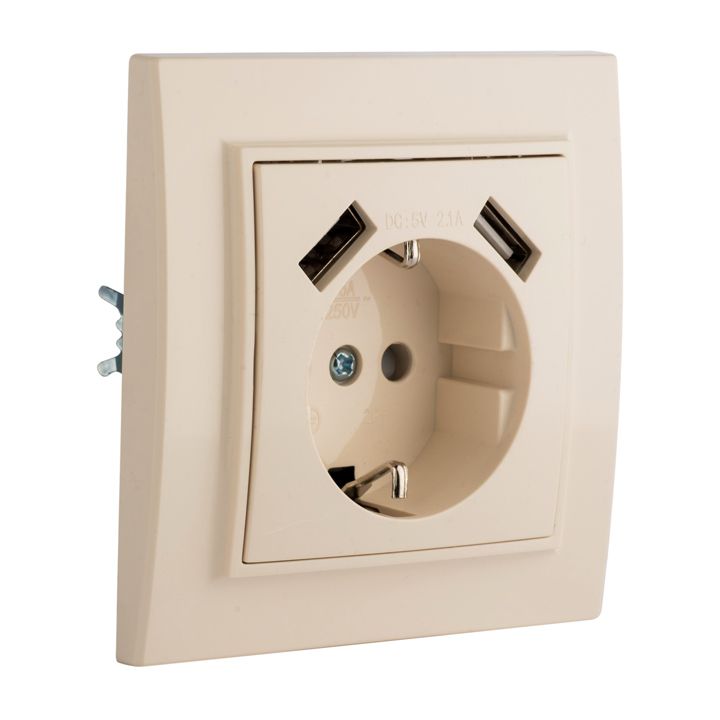 Минск Розетка 1-местная СП с/з 16А бежевая с защ, штор, с 2 USB 2,1А EKF ERR16-028-200-2USB