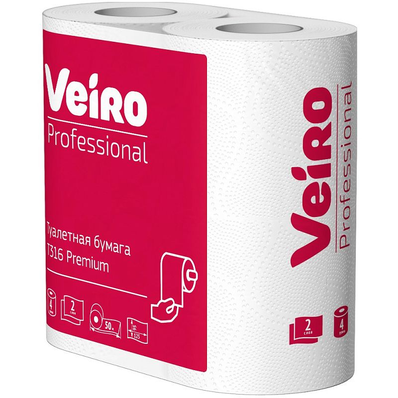 Бумага туалетная Veiro Professional Premium, в стандартных рулонах, 4 рулона, 50 м, 2 слоя