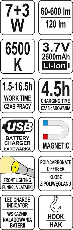 Фонарь светодиодный 7+3W, 60-600lm, 3.7V, 2600mAh, IP54 Yato YT-08519