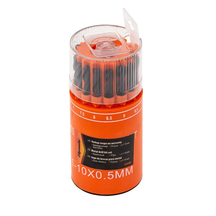 Набор сверл по металлу, 1-10 мм, (через 0,5 мм), HSS, 19 шт, в стакане, цилиндрический хвостовик Sparta 723505