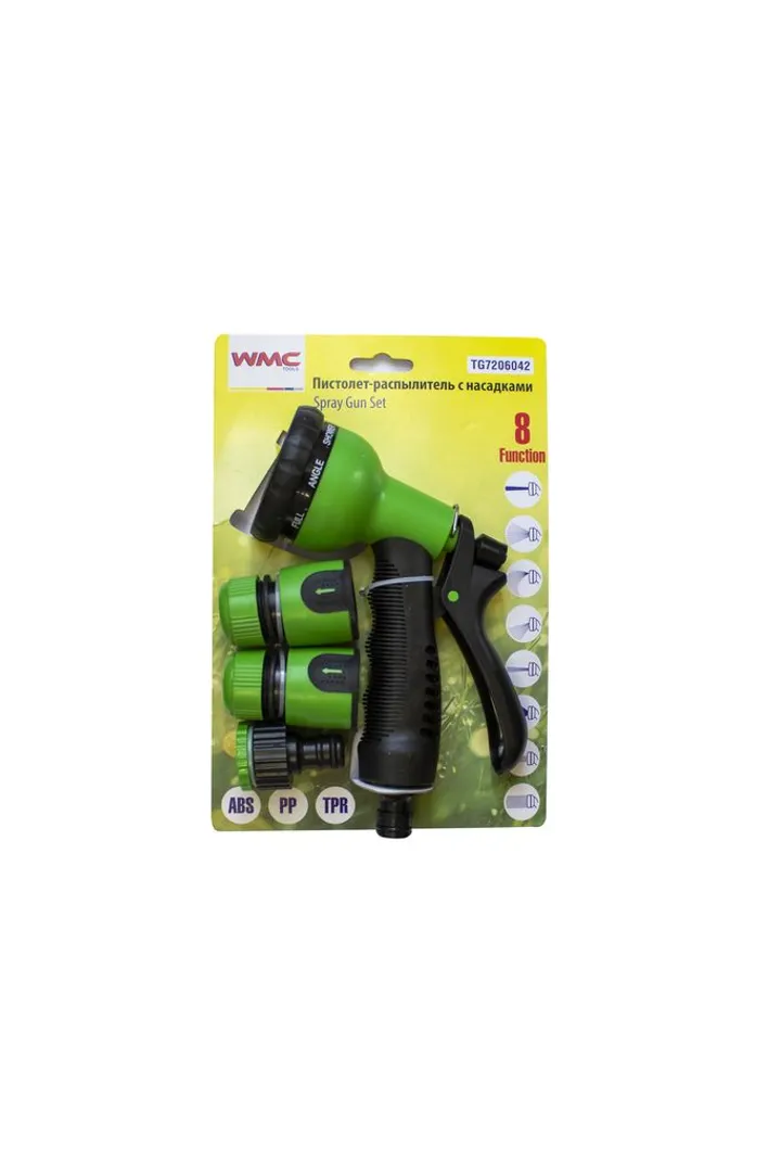 Пистолет-распылитель поливочный с регулировкой подачи воды в комплекте с быстроразъемами 4пр. 8 режимов распыления,на блистере WMC TOOLS WMC-TG7206042