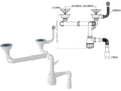 Сифон для кухни с круглым переливом, двойной, выпуски 3 1/2, с гибкой трубой 1 1/2 - 40/50 мм AV Engineering AVE129763