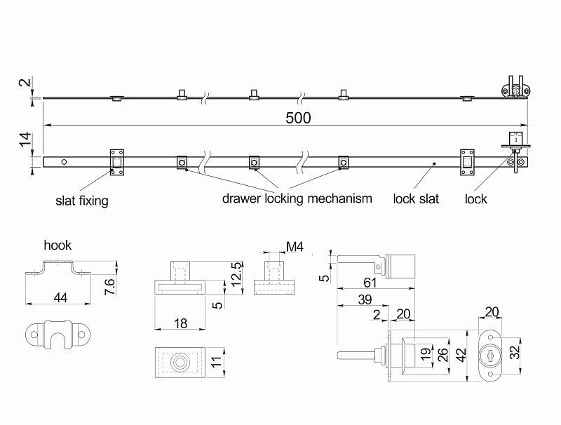 Замок для выдвижных 3-х ящиков механический центральный 288/500, черный, AKS 117302
