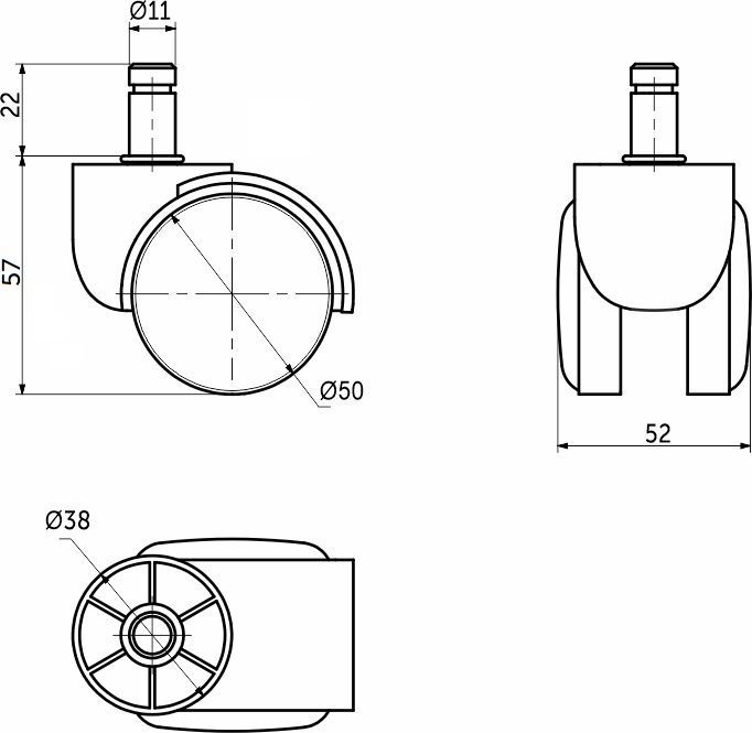 Колесо меб. пласт. FURNI d50 со штоком, черный/серый AKS 114097
