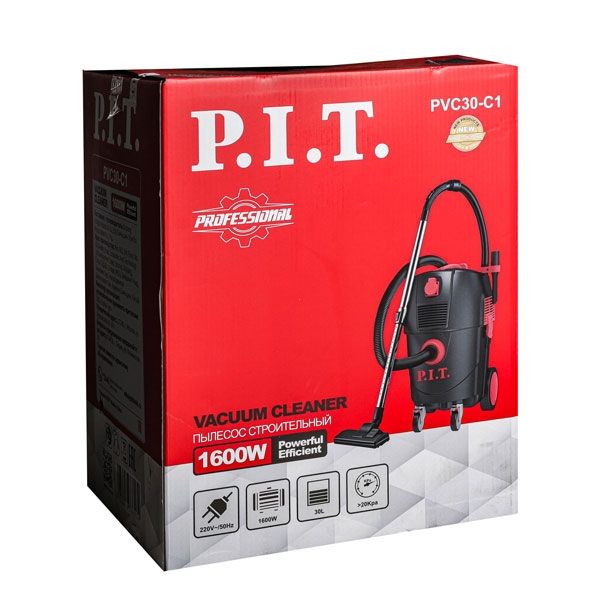 Пылесос строительный электрич. PVC30-C1, 1600 Вт, роз. 2 кВт, бак 30 л, ударопрочный пластик PIT PVC30-C1