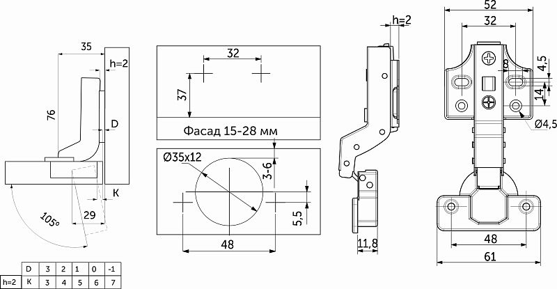 Петля внутренняя с доводчиком 48мм h2 clip-on, саморезы, заглушки, д/фасадов до 28мм, упак 2 шт., PRIME by AKS 112657