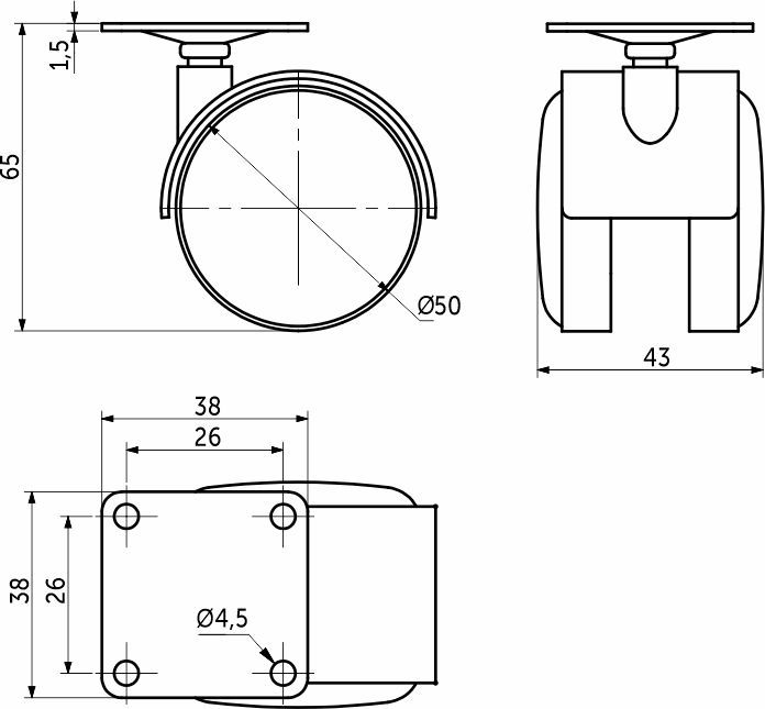 Колесо меб. пласт. d50 с площадкой, черный RU 86049