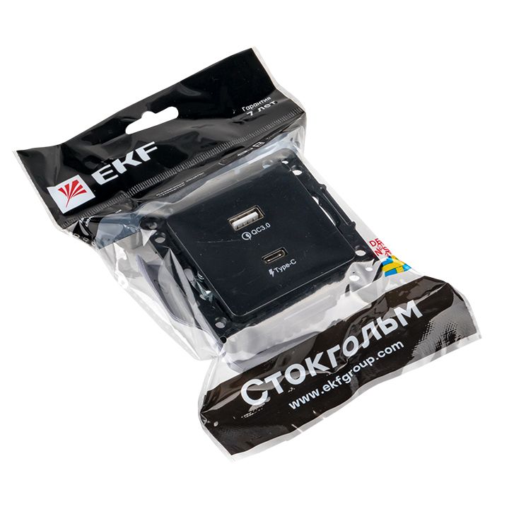 Стокгольм Механизм Розетки с 2USB type-A + type-C черный EKF PROxima EZR-2USB-type-C