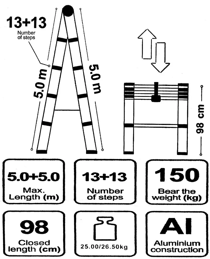 Стремянка телескопическая алюм. бытовая 5.0м 13+13 ступ. Scheppach Sch-UP500-2