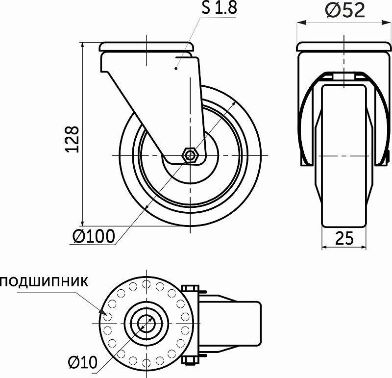 Колесо меб. TECH d100 h128 под винт М10, серый AKS 123101
