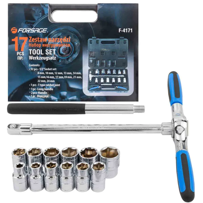 Набор головок 8-24 мм 1/2'' 6-гр с Т-образной трещоткой 17 пр Forsage F-4171