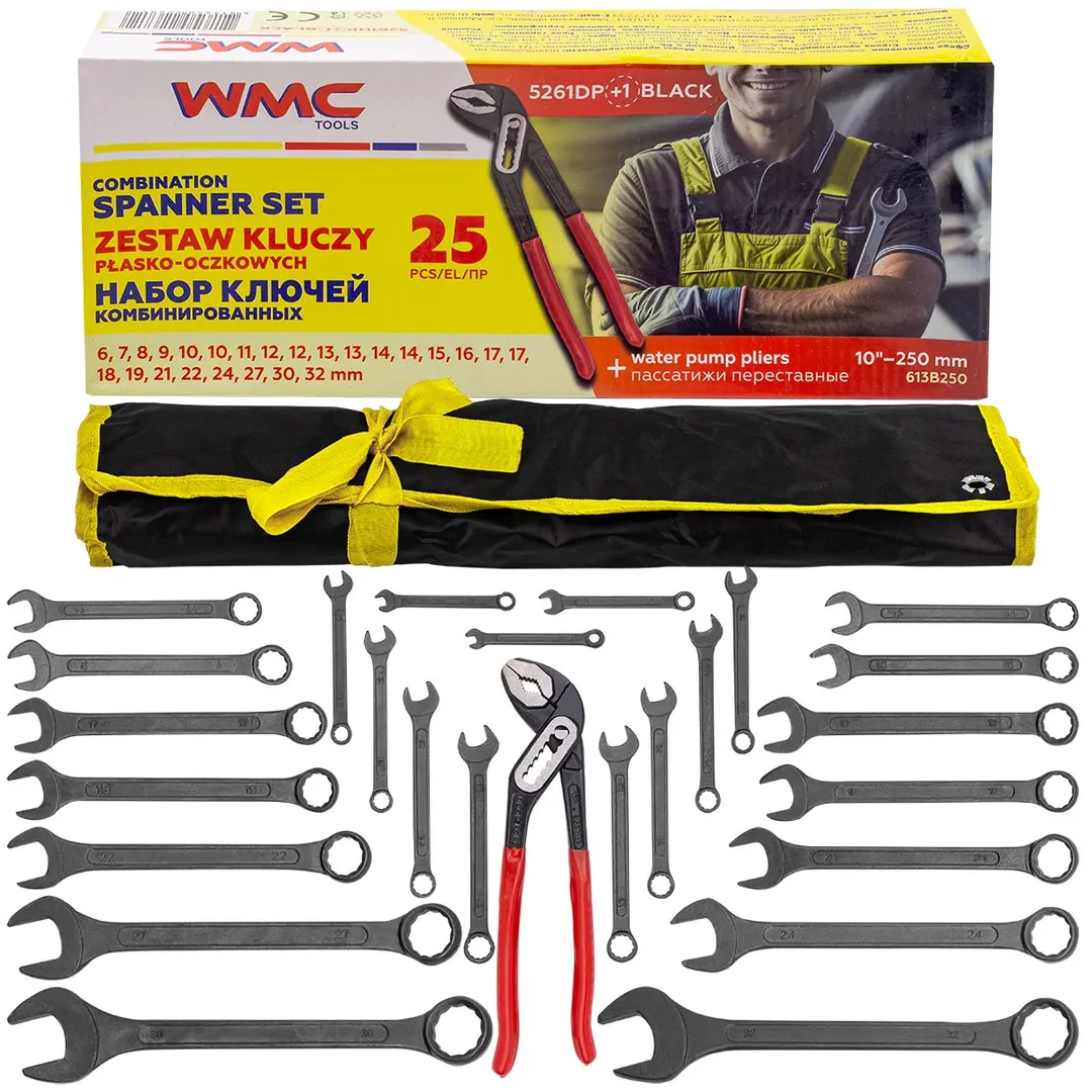 Набор комбинированных ключей 6-32 мм, пассатижи 250 мм, 26 пр WMC TOOLS WMC-5261DP+1 BLACK