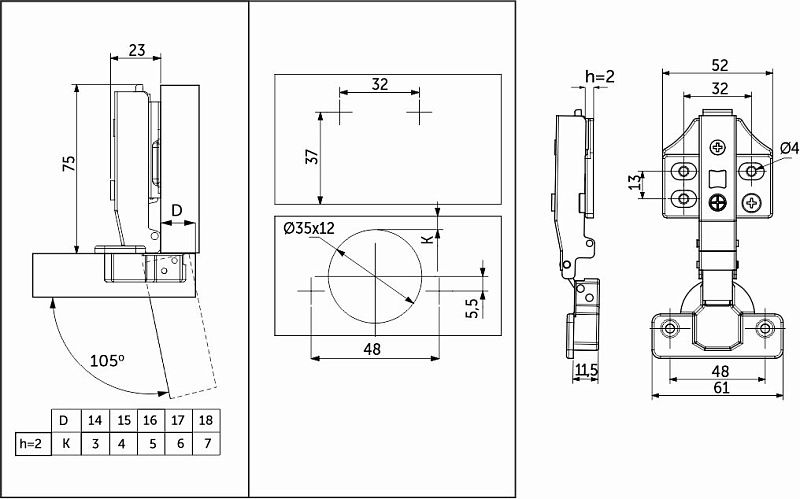 Петля накладная с доводчиком 48мм h2 clip-on 3D, саморезы, заглушки, упак 2 шт., PRIME by AKS 112603