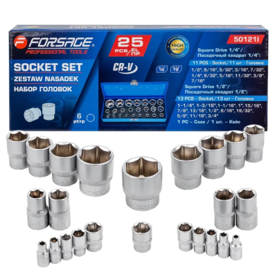 Набор дюймовых головок 1/4''&1/2'' 25 пр. Forsage F-50121I