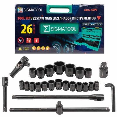 Набор ударных инструментов 26 пр. 6-гр 3/4'' 21-50 мм, 1'' 55-65 мм SIGMATOOL Sigmatool-68262-5MPB