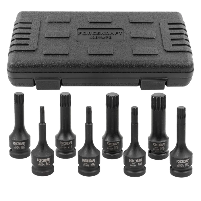 Набор ударных головок-бит SPLINE M5-M18 1/2'' 8 пр ForceKraft FK-40811MPB