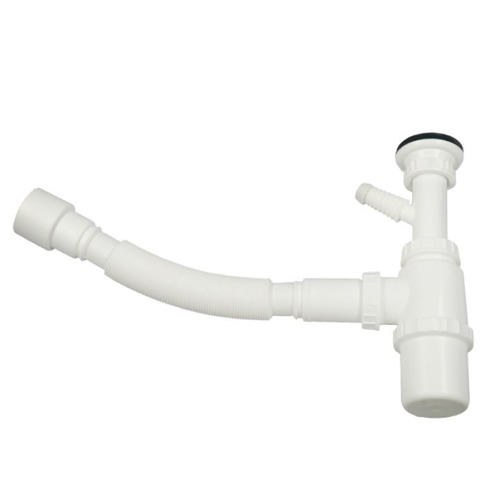 Сифон для умывальника с выпуском 1 1/2 с гофрой D40/50 и выходом под с/м, пластик, белый WISENT GER008