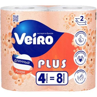 Бумага туалетная Veiro Plus, 4 рулона, 2 слоя, белый